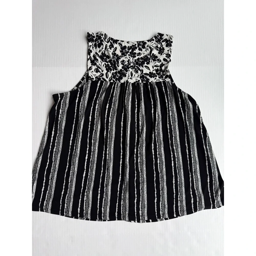 Rafaella Black‎ White Stripe Floral Mixed Media Halter Blouse Tank Top L